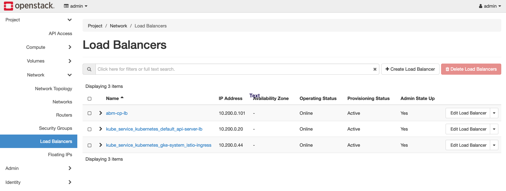 OpenStack 應用程式，顯示由 Google Distributed Cloud 軟體佈建的 LoadBalancer