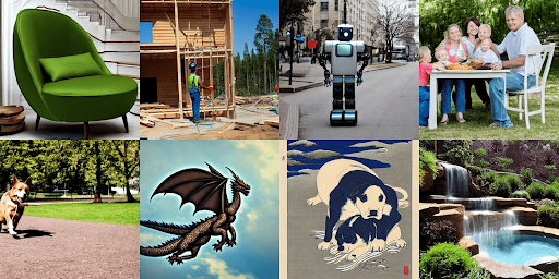 Image generated by Stable Diffusion with 8 sections: a green chair, a man standing outside a house, a robot on the street, a family sitting at a table, a doc walking in a park, a flying dragon, a Japanese-style portrait of bears, and a waterfall.