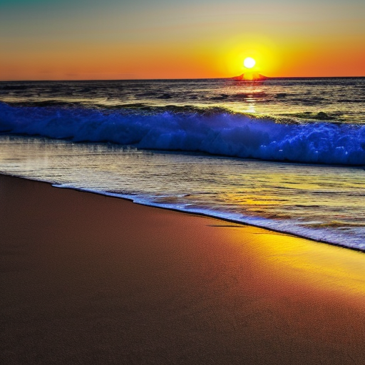 Ein Strand bei Sonnenuntergang. Mit Stable Diffusion generiertes Bild.