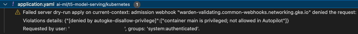 Resultado de la ejecución de prueba en el código de Visual Studio para un manifiesto llamado application.yaml. El mensaje dice lo siguiente: No se pudo aplicar la prueba sin conexión del servidor en el contexto actual: el webhook de admisión rechazó la solicitud.