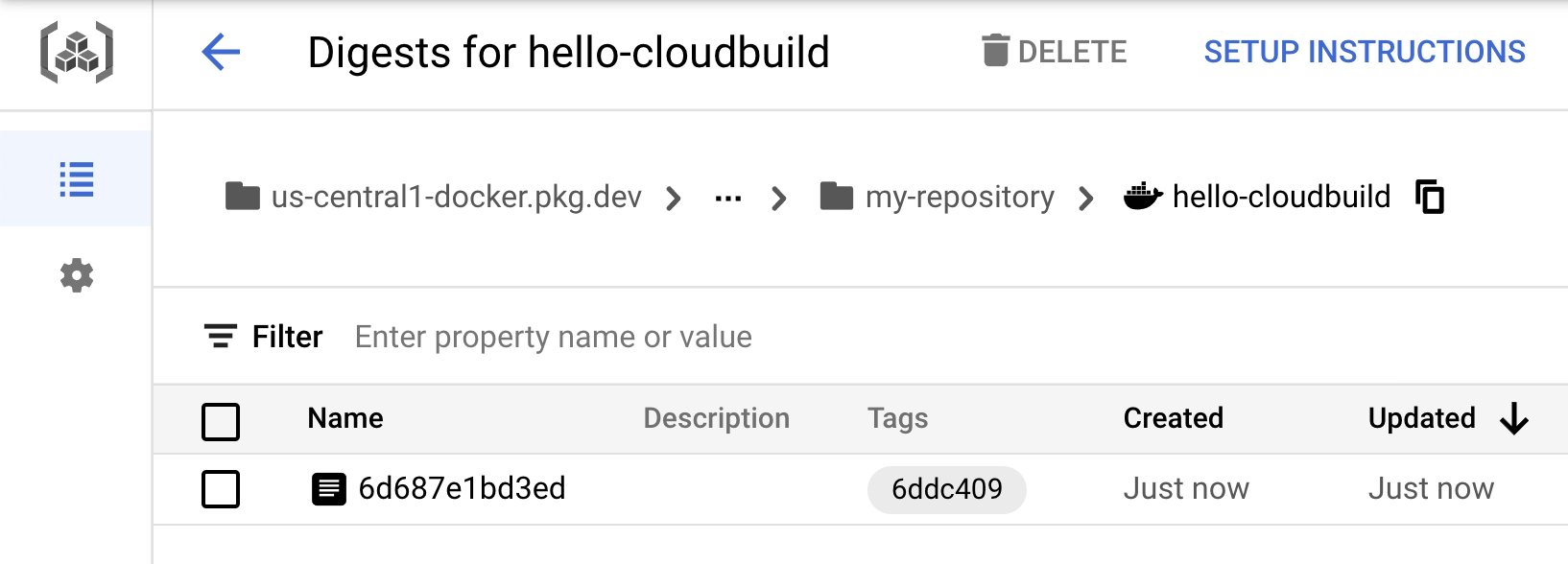 Artifact Registry 中的 hello-cloudbuild 映像