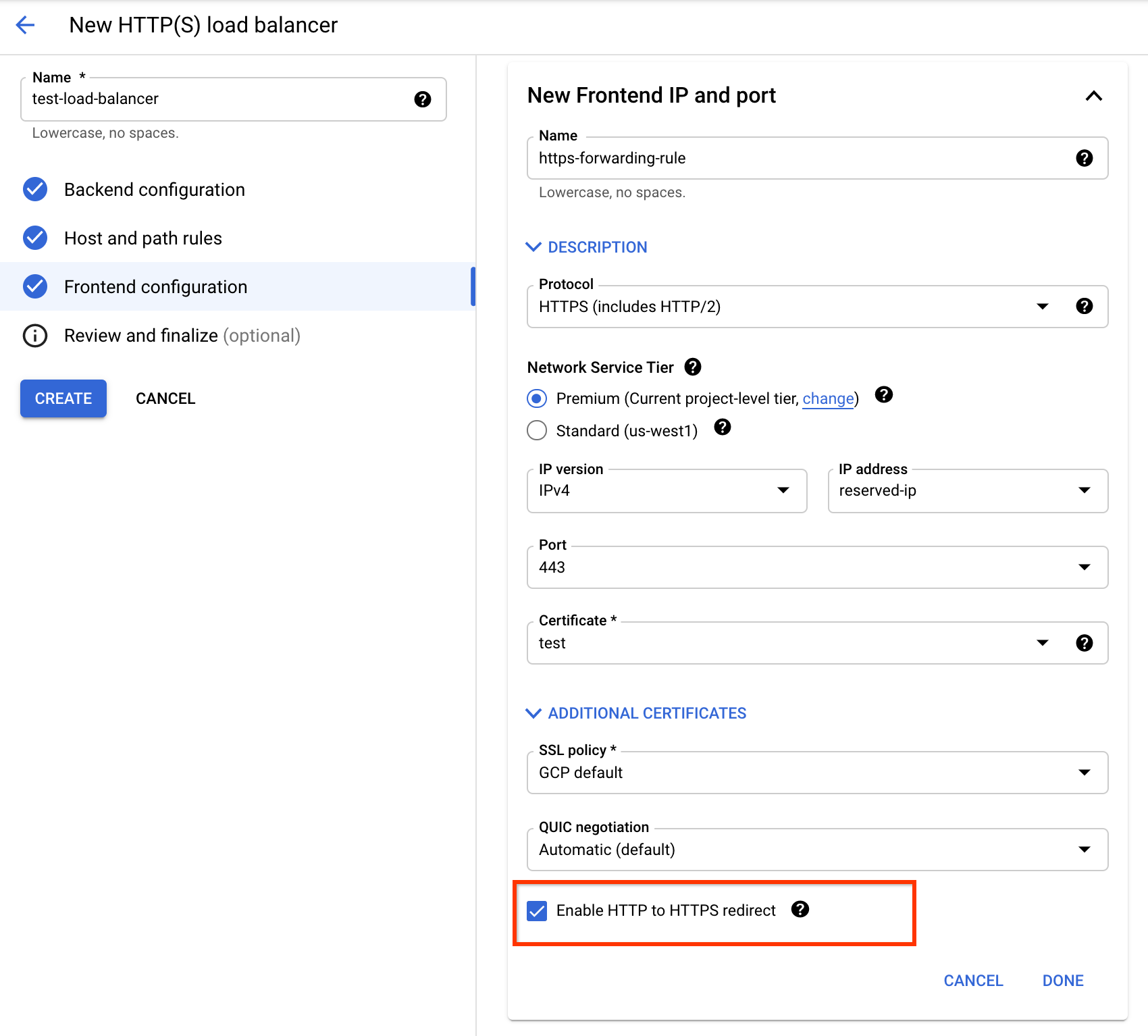 HTTP-to-HTTPS redirect checkbox in the Google Cloud console.
