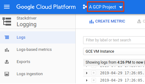 Selettore di progetto per la console di GCP