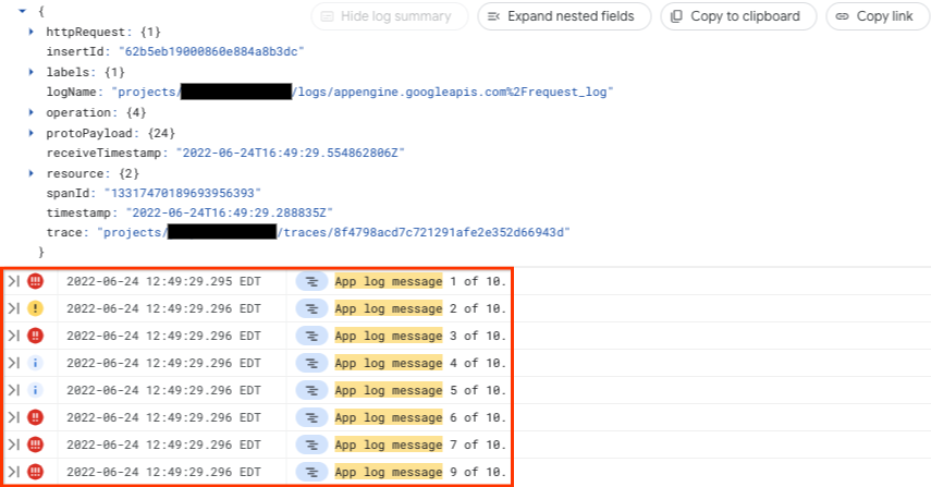 Application log entries are nested in the request log entry.