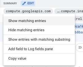 Menu with options to hide and show log entries based on a specific field.