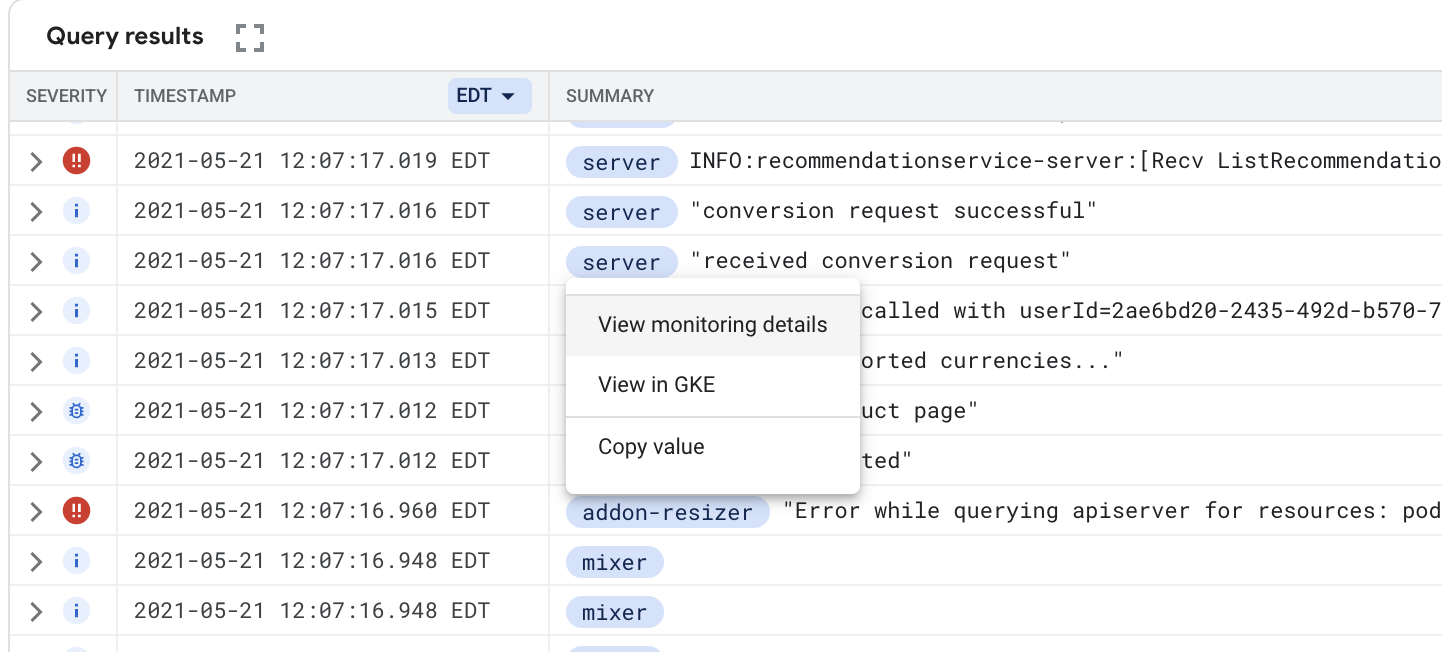 Anzeige des Menüs &quot;Log-Explorer&quot; für GKE-Ressourcen.