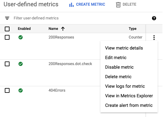 Opções do menu flutuante do painel de métricas com base em registros definidas pelo usuário.