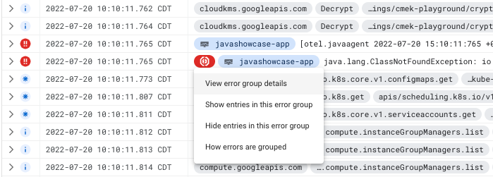 Example of log entry with error reporting grouping.