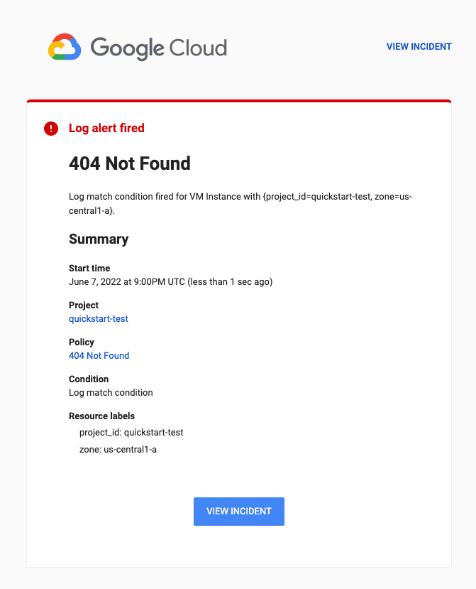 The example log-based alert results in an email notification.