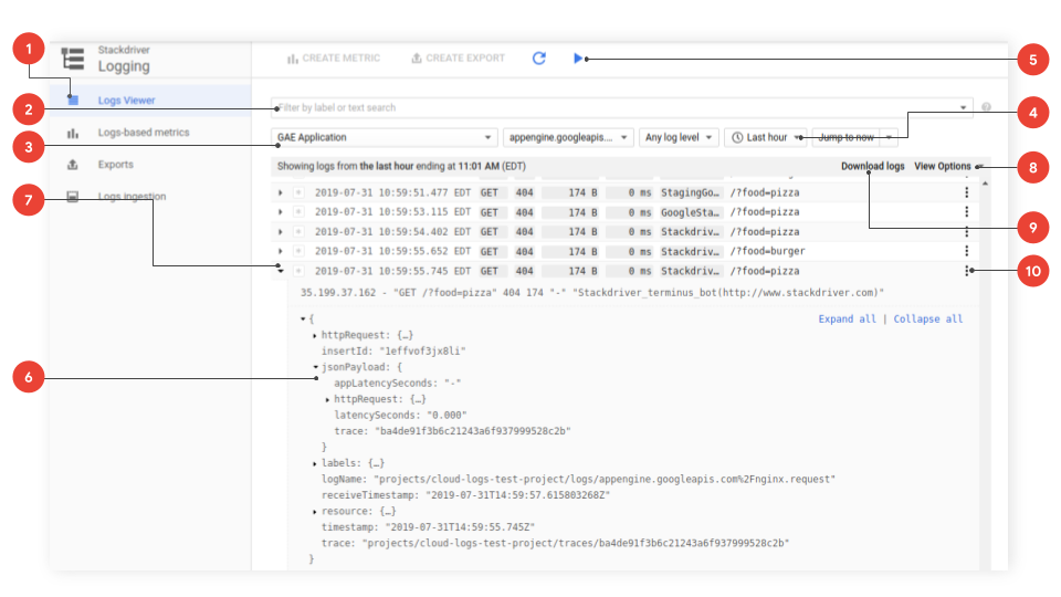 Interfaccia utente che mostra le opzioni di base delle query sui log.