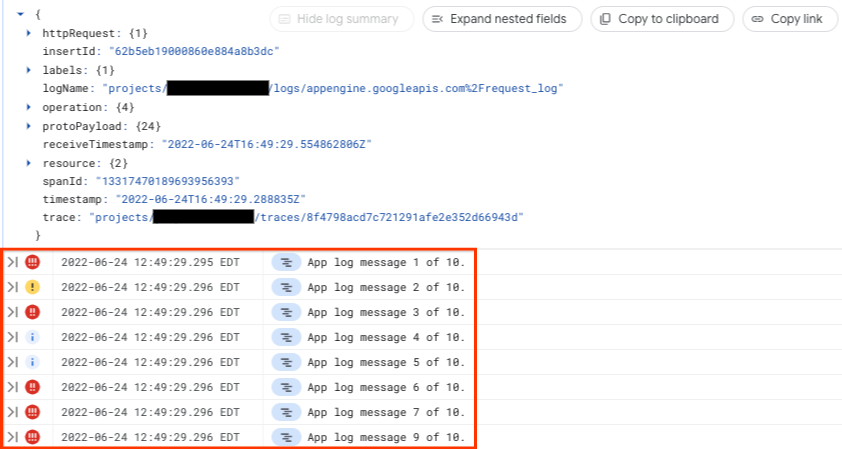 Application log entries are nested in the request log entry.