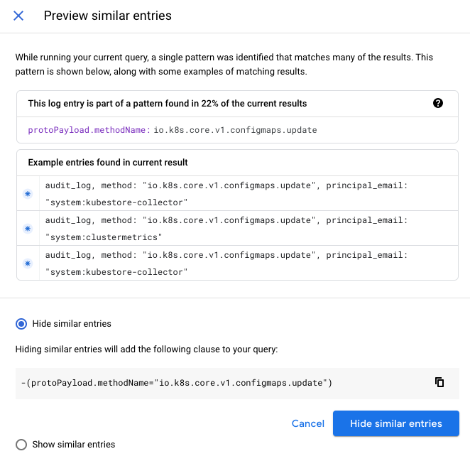 Preview log entries dialog lets you hide or show similar log entries.