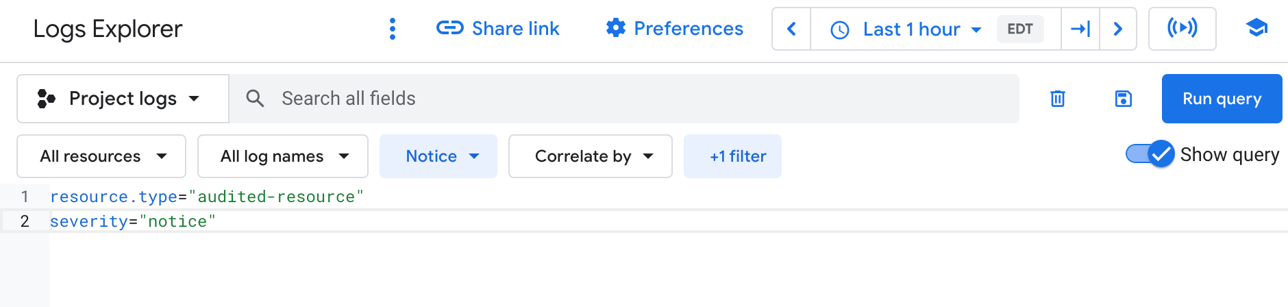 The Logs Explorer query pane.