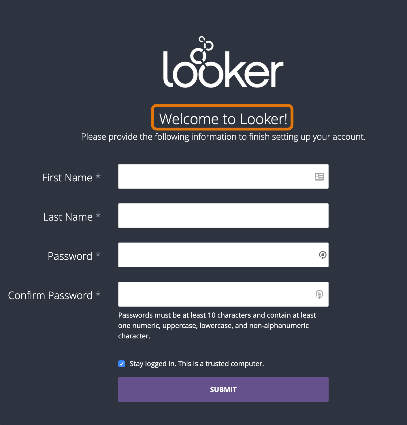 Captura de tela da página de configuração da conta do Looker. O logotipo do Looker aparece na parte de cima da página e o texto &quot;Welcome to Looker!&quot;.