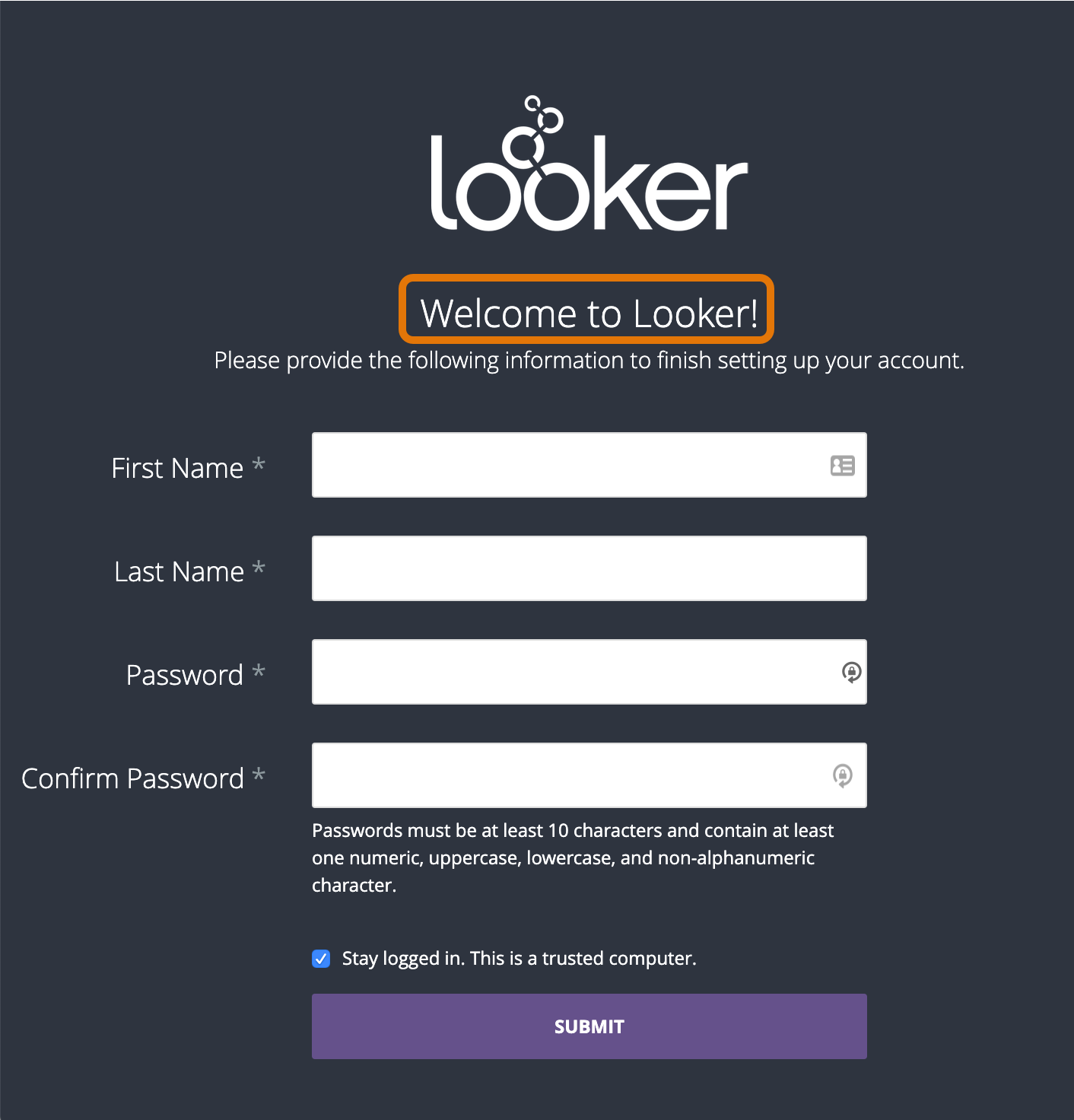 Screenshot der Seite für die Einrichtung eines Looker-Kontos Oben auf der Seite sehen Sie das Looker-Logo, gefolgt vom Text „Willkommen bei Looker!“.