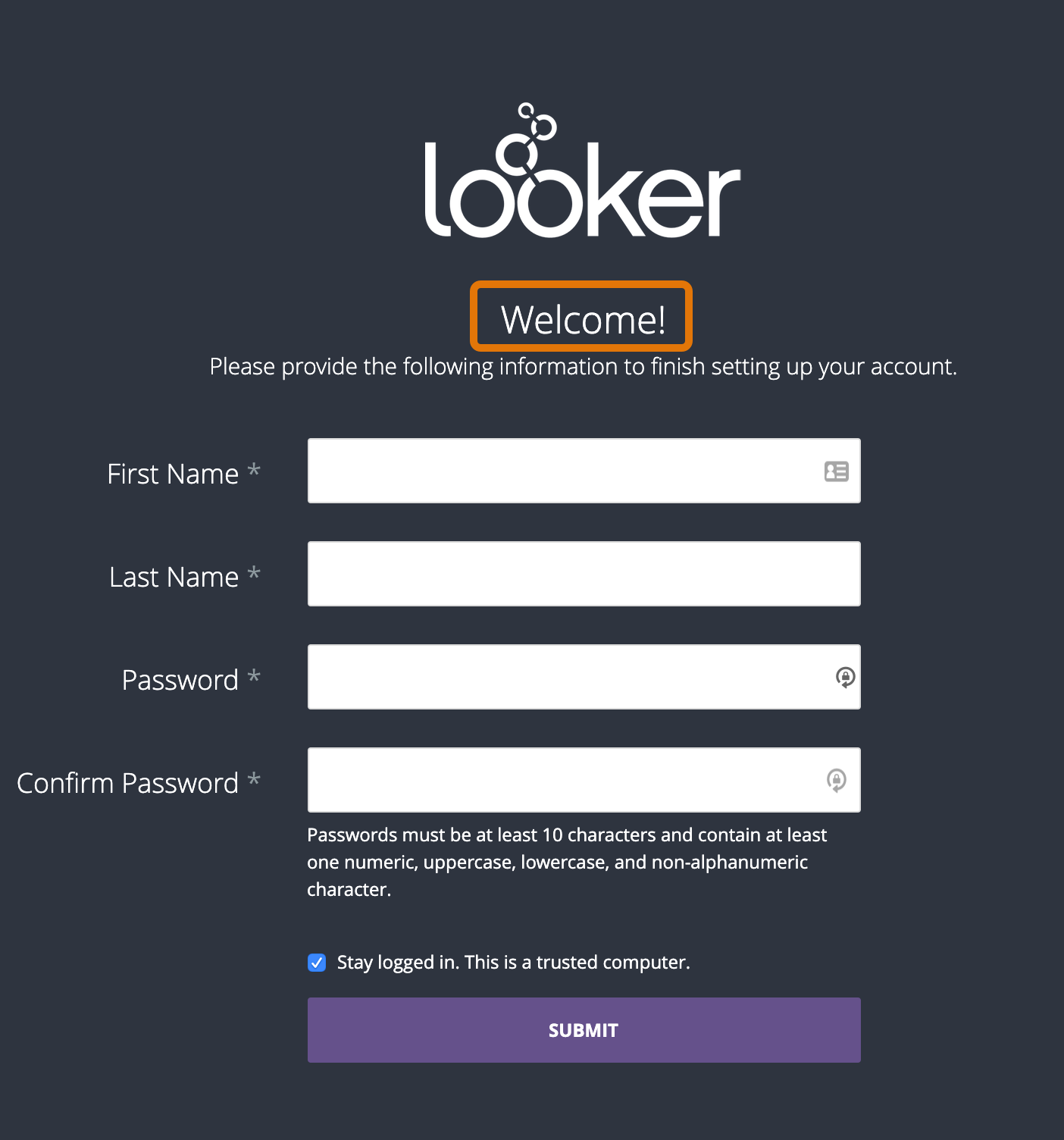 Screenshot halaman penyiapan akun Looker. Terdapat logo Looker di bagian atas halaman, diikuti dengan teks Selamat Datang!.