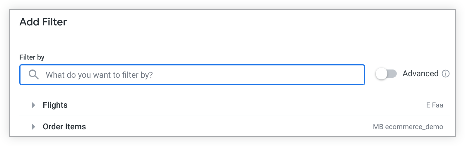 “添加过滤条件”窗口中预先填充的“探索”会显示在“按搜索栏过滤”搜索栏下方。