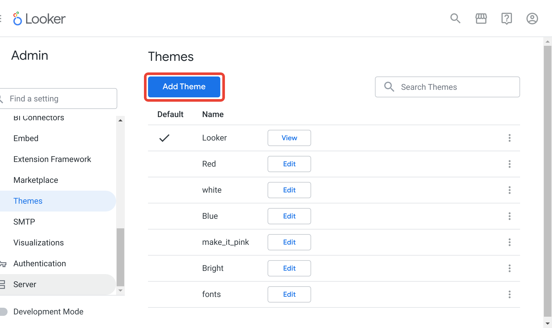 The Add Theme button appears at the top of the Themes page.