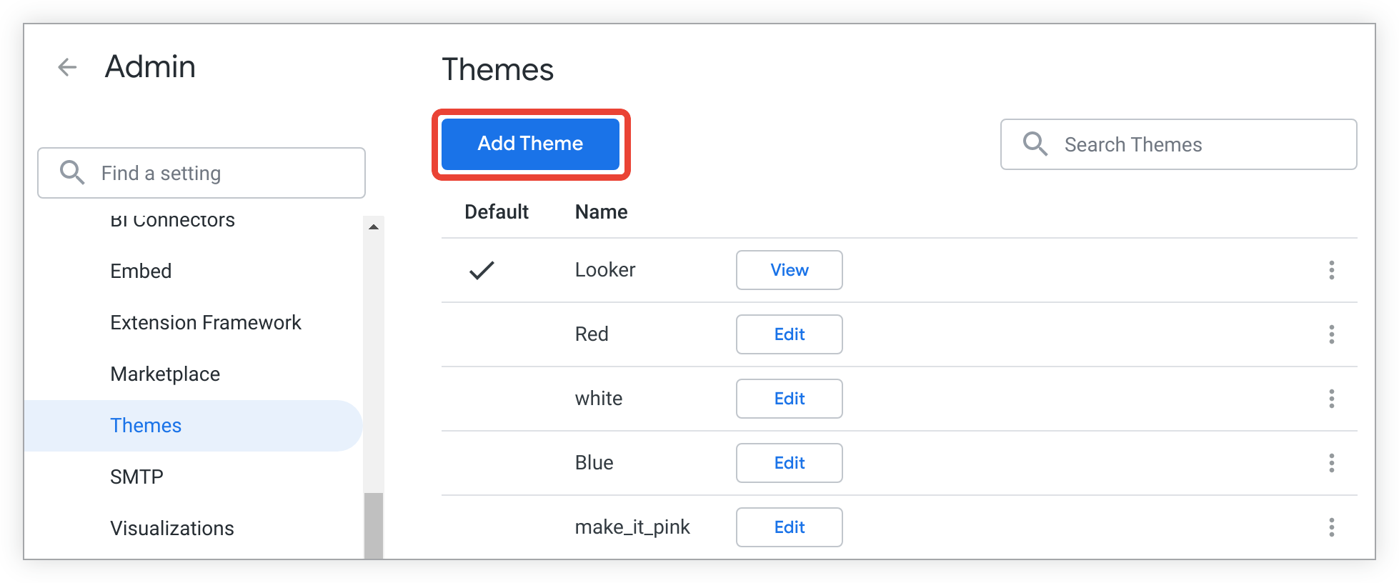 The Add Theme button appears at the top of the Themes page.