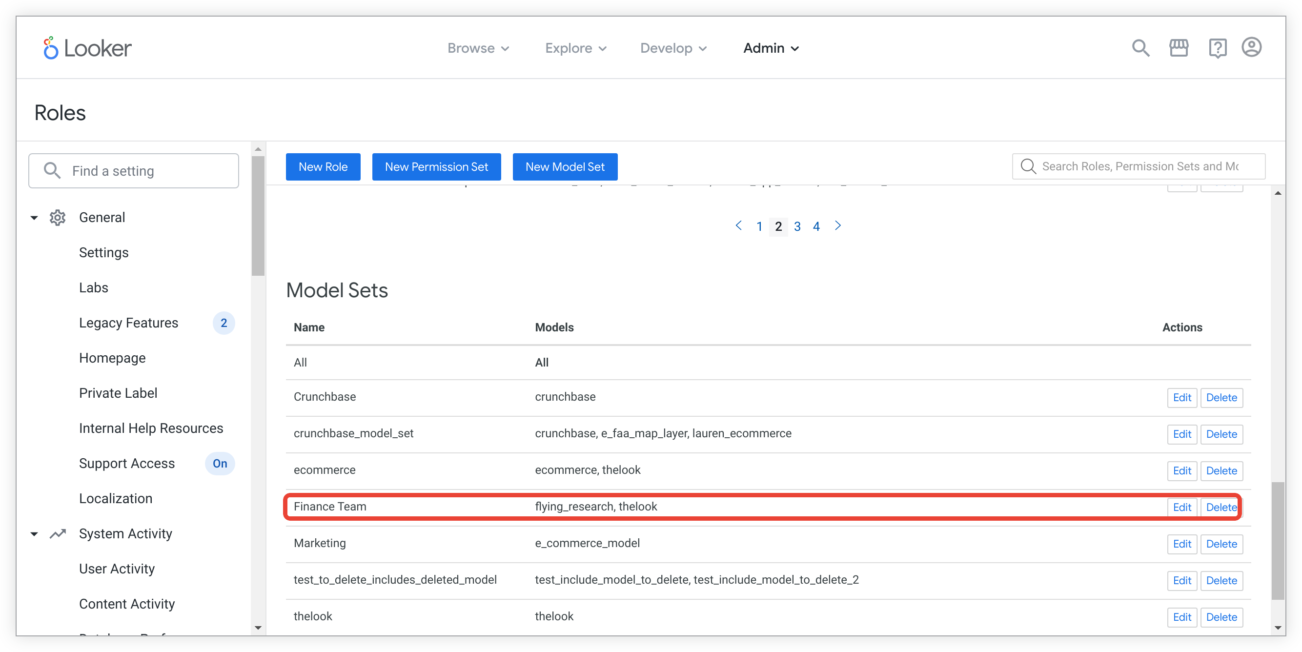 Finance Team 模型集的视图，其中包含 flying_research 和 thelook 模型，但不包含 data-dictionary 模型。