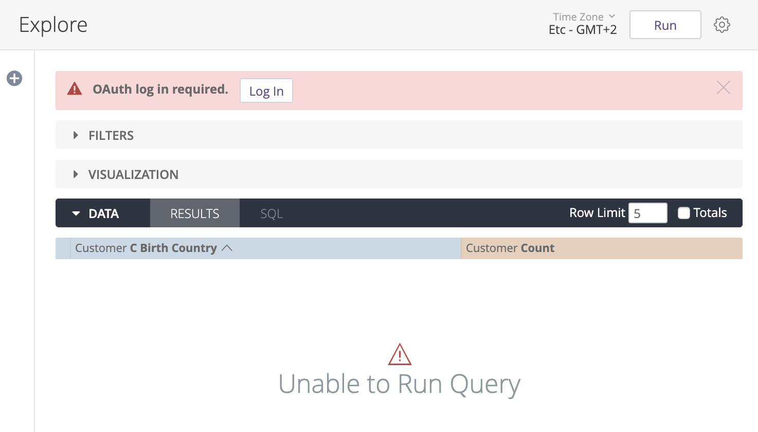 A interface do Looker mostrando a solicitação de login do OAuth.