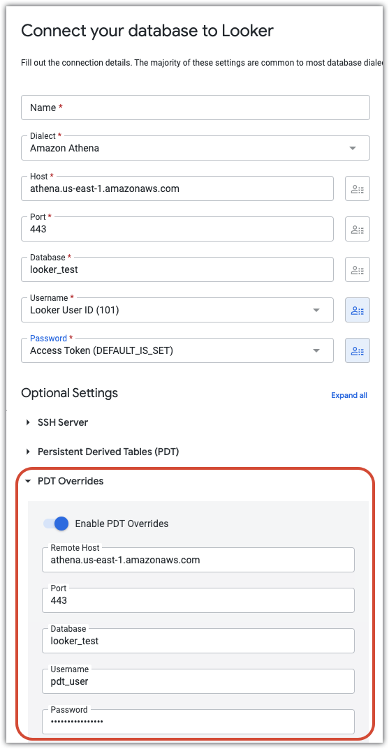 PDT Overrides section of the Connection Settings page.