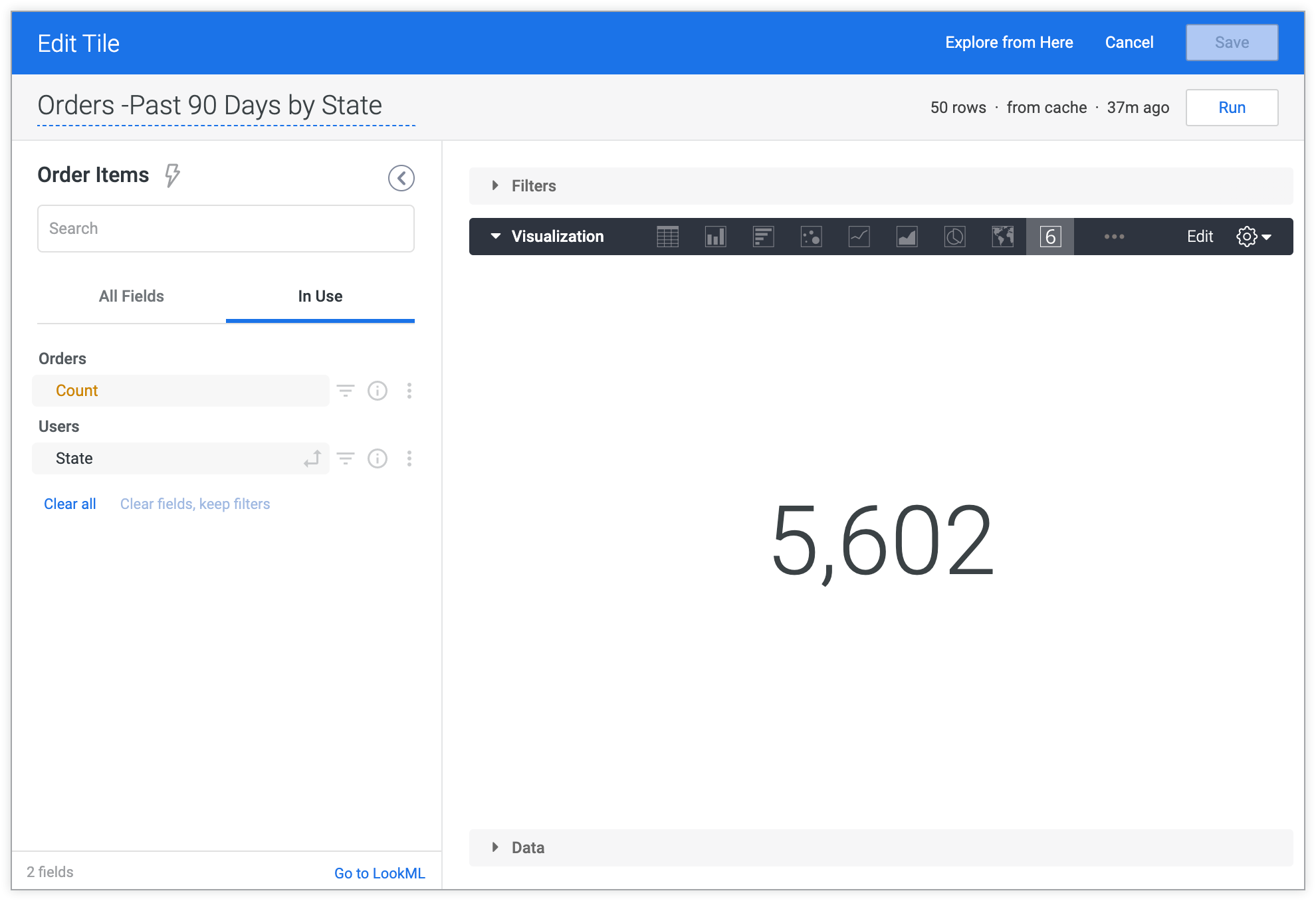 The Edit Tile dialog in an embedded Looker dashboard using the default Looker theme.