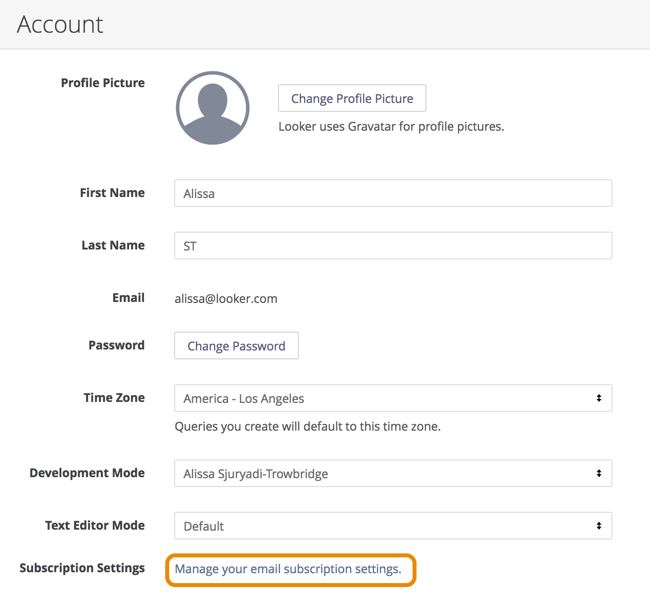 A screenshot of the Looker Account page. One of the fields is titled 'Subscription Settings', next to which is a link titled 'Manage your email subscription settings'.