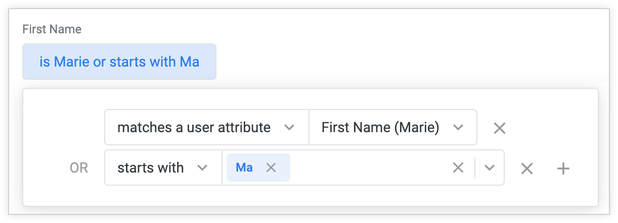 Advanced controls initially appear as a filter condition; that condition can be selected to reveal a series of drop-down menus and text fields to customize the condition.