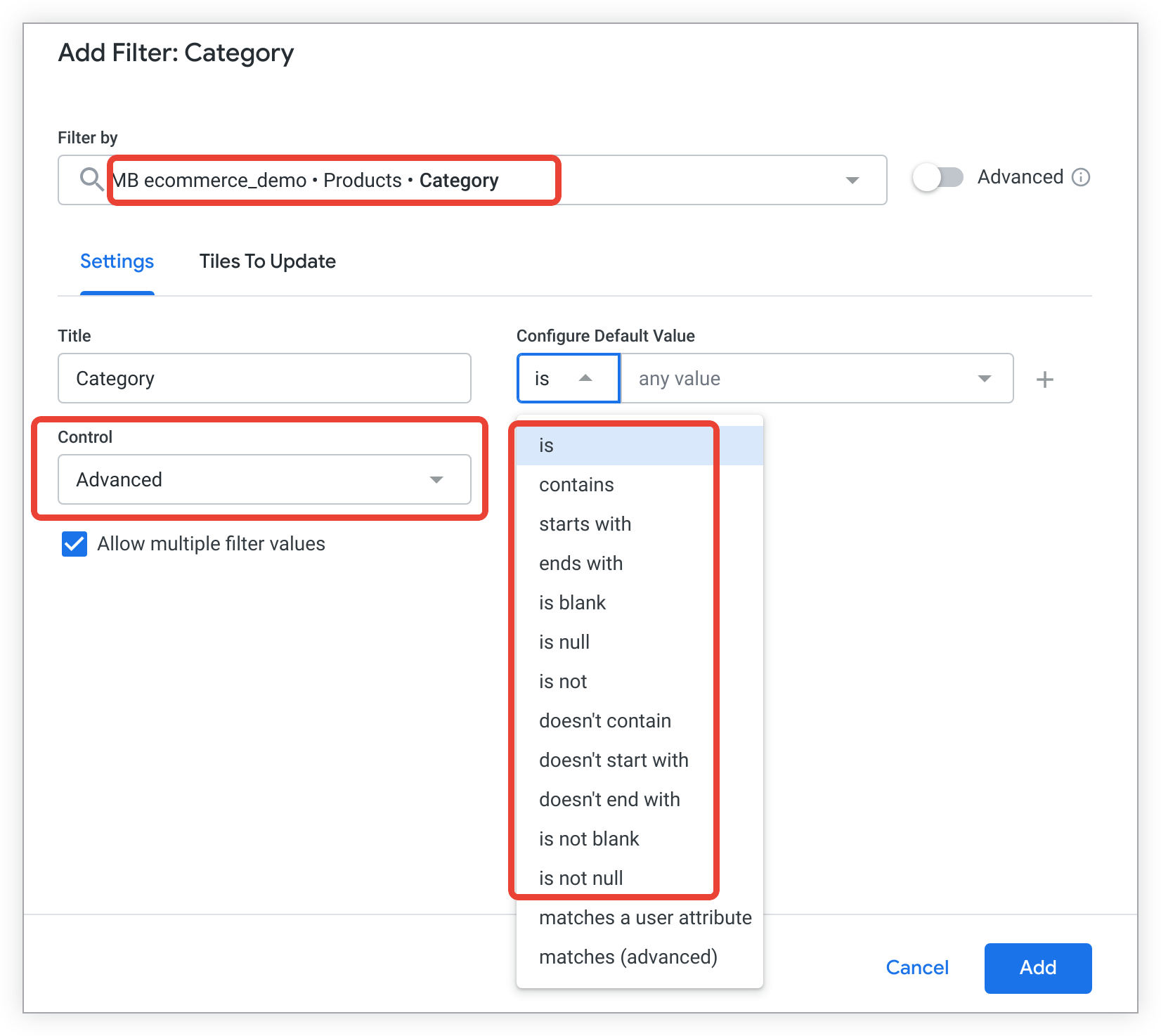 Untuk menggunakan kontrol lanjutan, pilih Advanced di drop-down Control. Tombol ini tidak sama dengan tombol Lanjutan di sebelah kanan kolom Filter menurut.