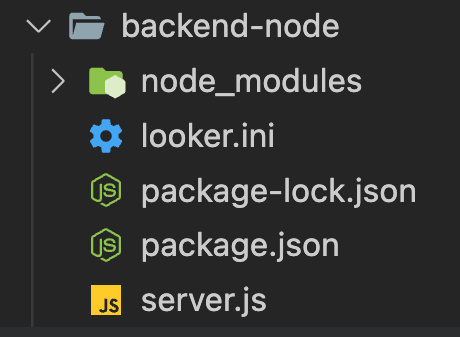 Einen Ordner namens „Backend-node“ mit einem Ordner namens „node_modules“ und den Dateien „looker.ini“, „package-lock.json“, „package.json“ und „server.js“.