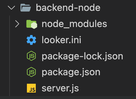 一個名為 backend-node 的資料夾，其中包含一個名為 node_modules 的資料夾，以及 looker.ini、package-lock.json、package.json 和 server.js 檔案。