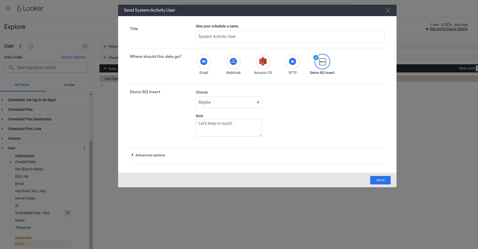 Screenshot of the Looker 'Send' modal with our new action selected