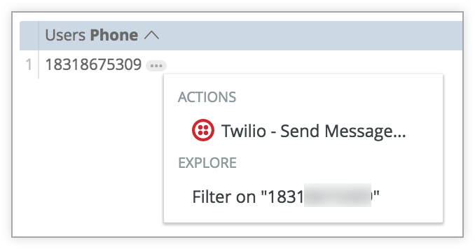 Menu di visualizzazione dettagliata del campo Telefono utente che include &quot;Twilio - Invia messaggio&quot; nella sezione Azioni.