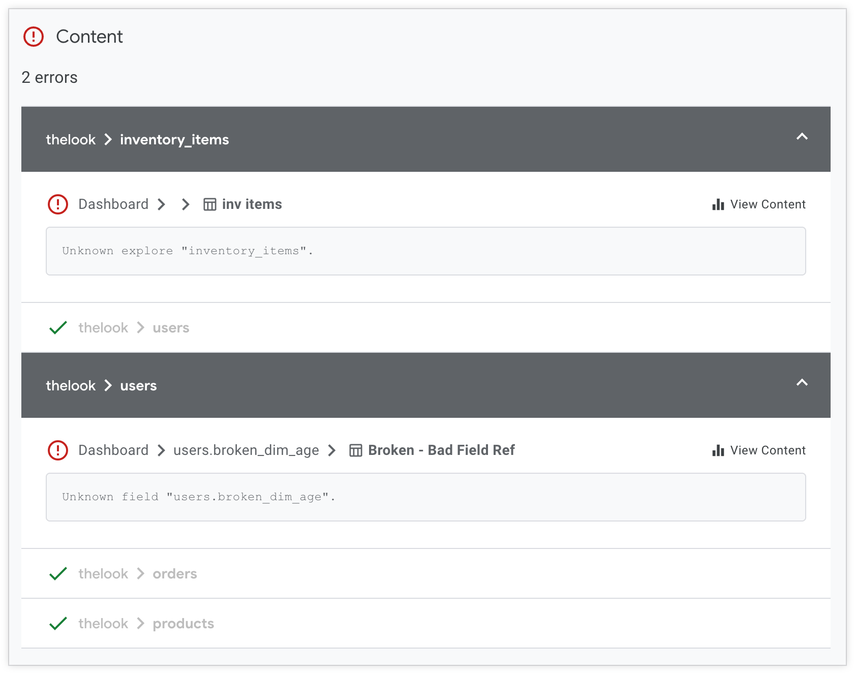 Continuous Integration results page showing Content Validator findings