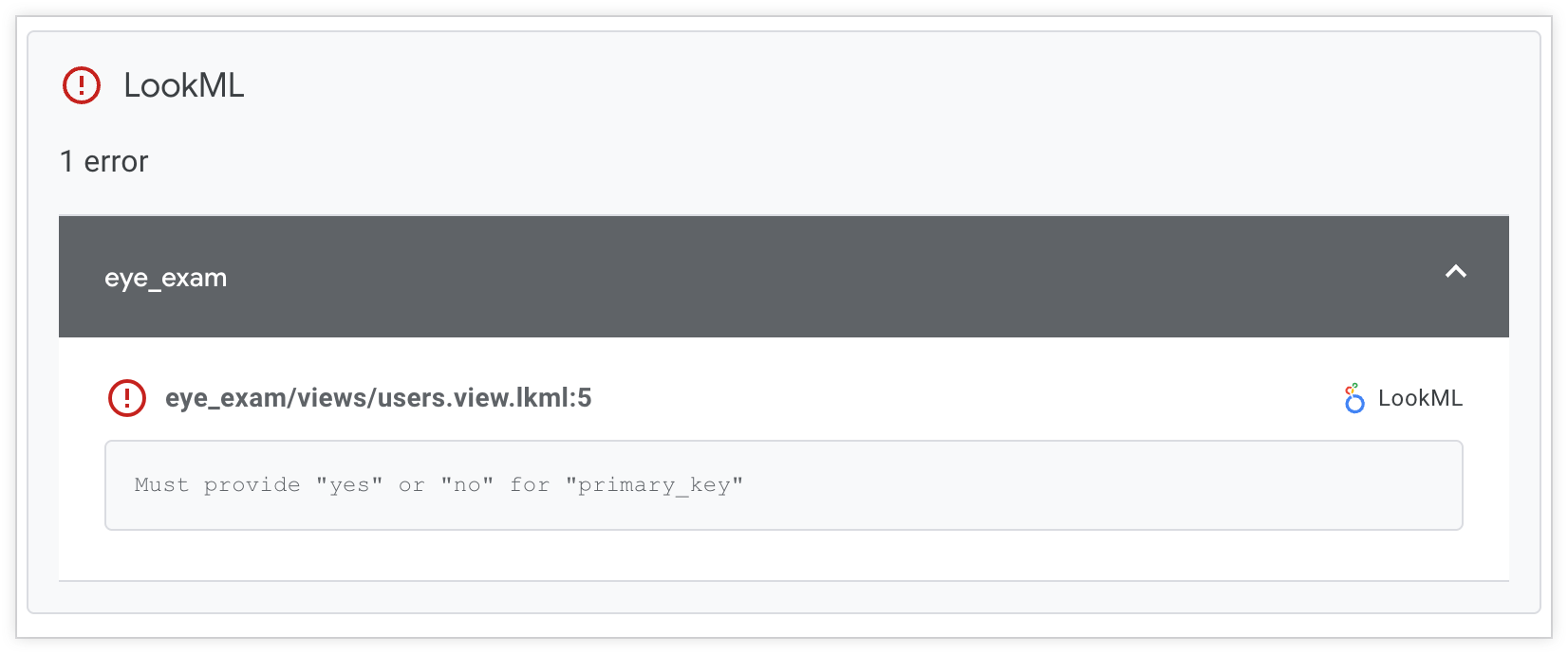 Continuous Integration results page showing LookML Validator findings