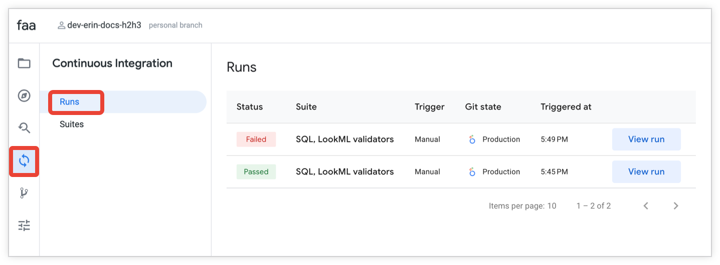 Continuous Integration Runs page showing a table with previous CI runs