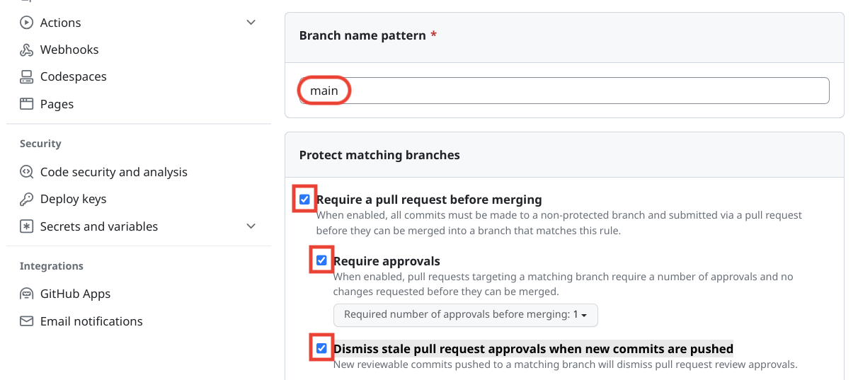 GitHub UI for setting branch protection options.