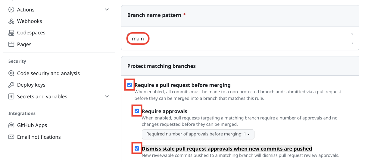 Interface do GitHub para definir opções de proteção de branch.