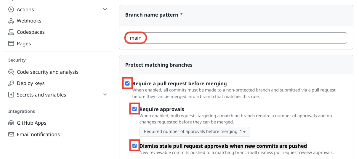 GitHub UI，用於設定分支版本保護選項。