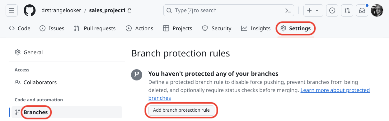 UI GitHub untuk menambahkan perlindungan cabang.