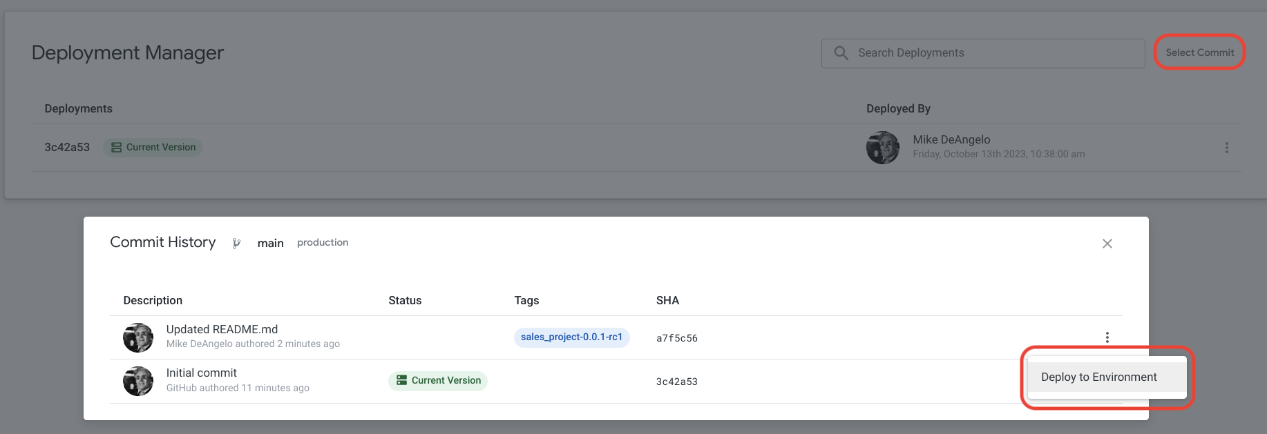 Looker Deployment Manager 使用者介面，用於部署至環境。