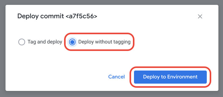 UI di Looker Deployment Manager per il deployment senza tagging.