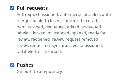 GitHub checkboxes for pull requests and pushes.