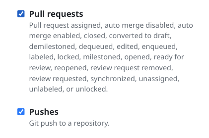 用于拉取请求和推送的 GitHub 复选框。