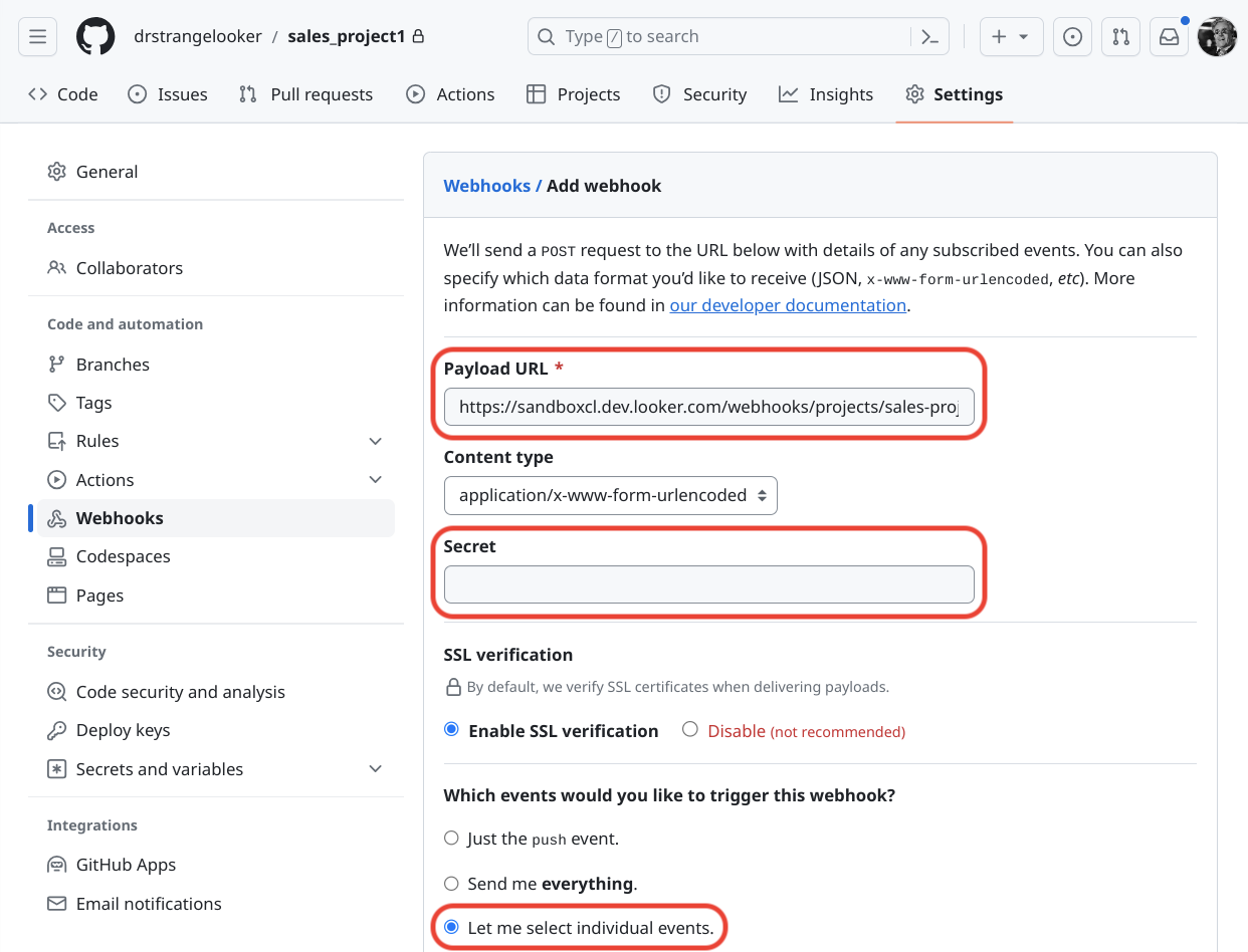 GitHub UI for configuring webhooks.