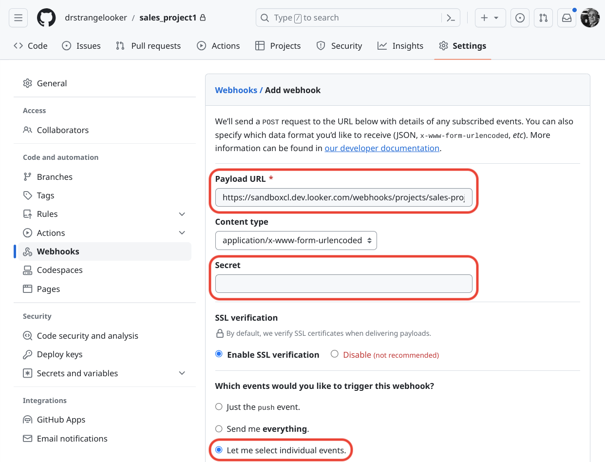 GitHub UI，用於設定 Webhook。