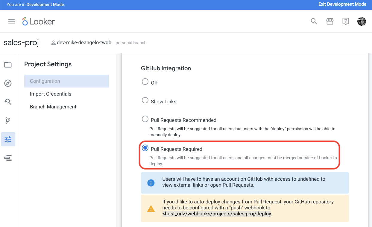Looker UI for requiring pull requests.